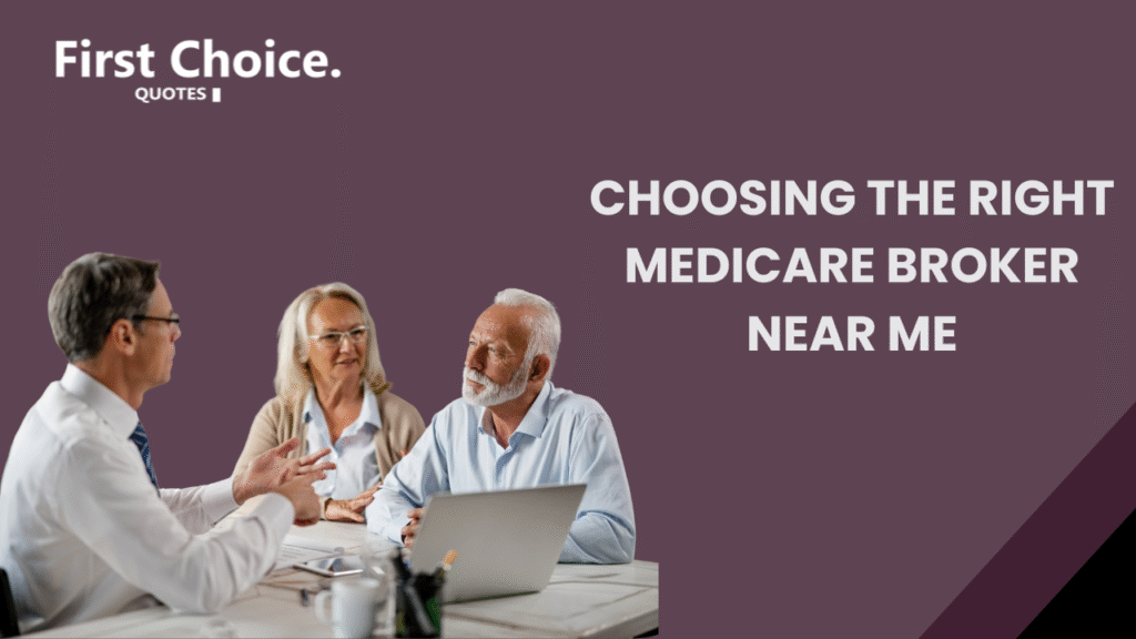 Senior couple meeting with a Medicare broker to choose the right Medicare plan nearby.