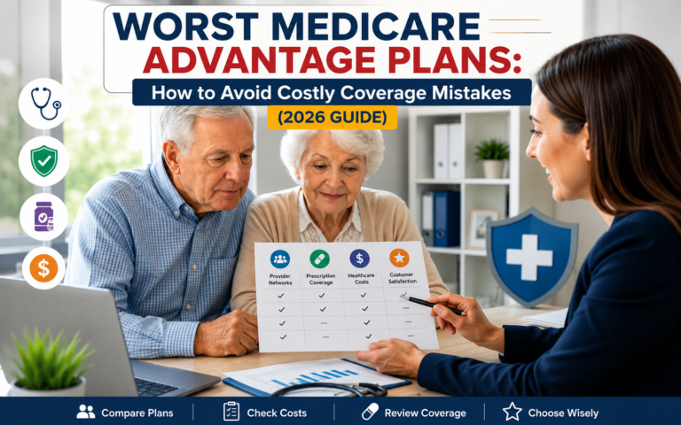 Worst Medicare Advantage Plans comparison with senior couple reviewing Medicare coverage options